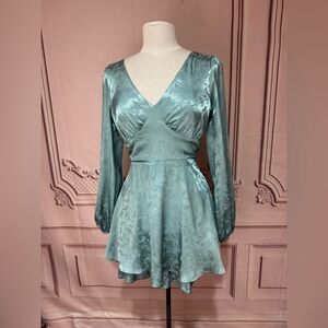Allison & Kelly Teal Blue Satin Mini Dress Size Womans Medium Open Back Tiered